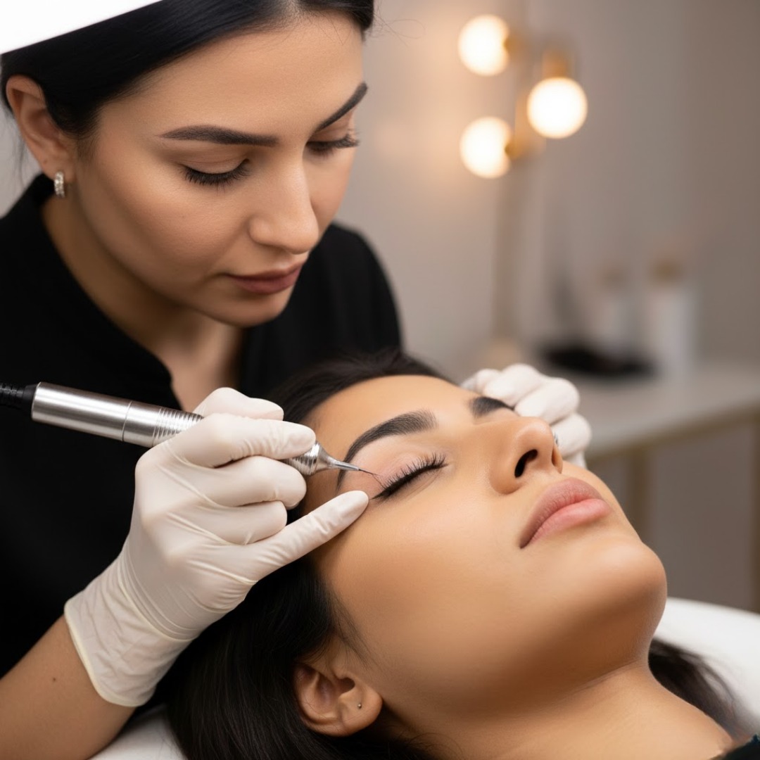 Woman gently touching healed brows, happy result